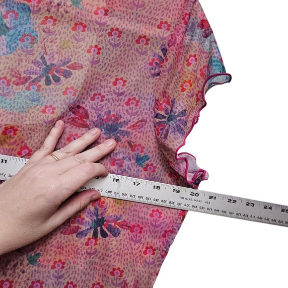 Natural Life Mesh Top Sheer XL Pink Floral Lettuce Edge Boho Whimsygoth Fairy - Picture 5 of 7